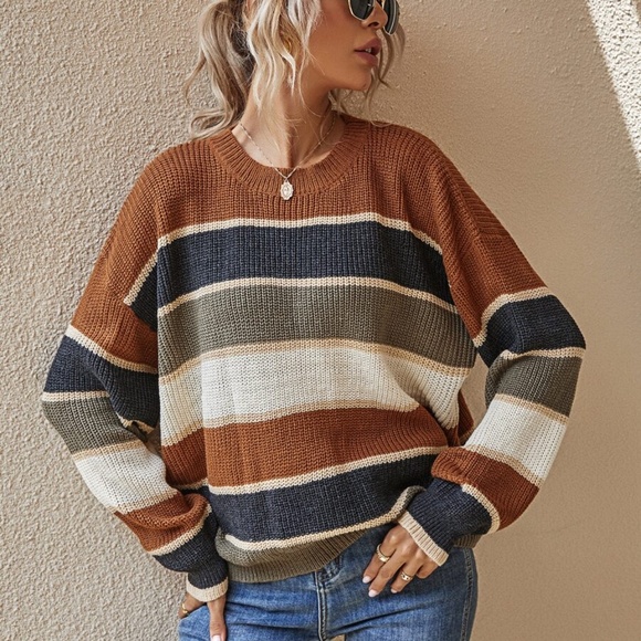 oversized color block striped knit sweater fall - Picture 2 of 4